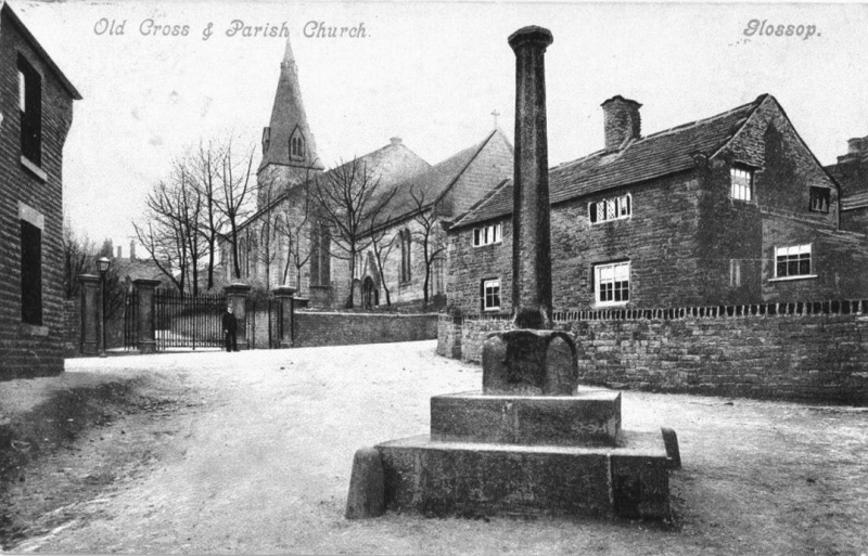 The Old Cross and Glossop Parish Church, pre 1912