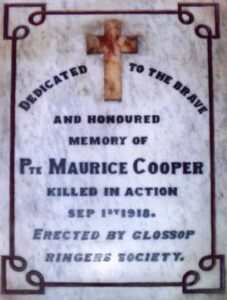 Photograph of memorial to Maurice Cooper in All Saints Parish Church Old Glossop