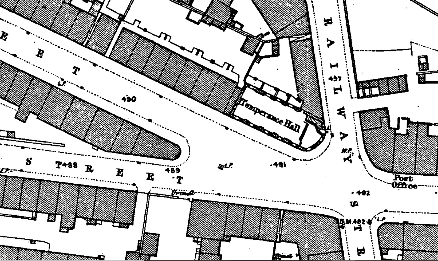 OS map showing the Temperance Hall, Glossop