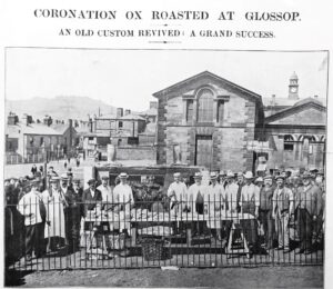 Photograph of the Coronation Ox being roasted on the Market Ground, Glossop