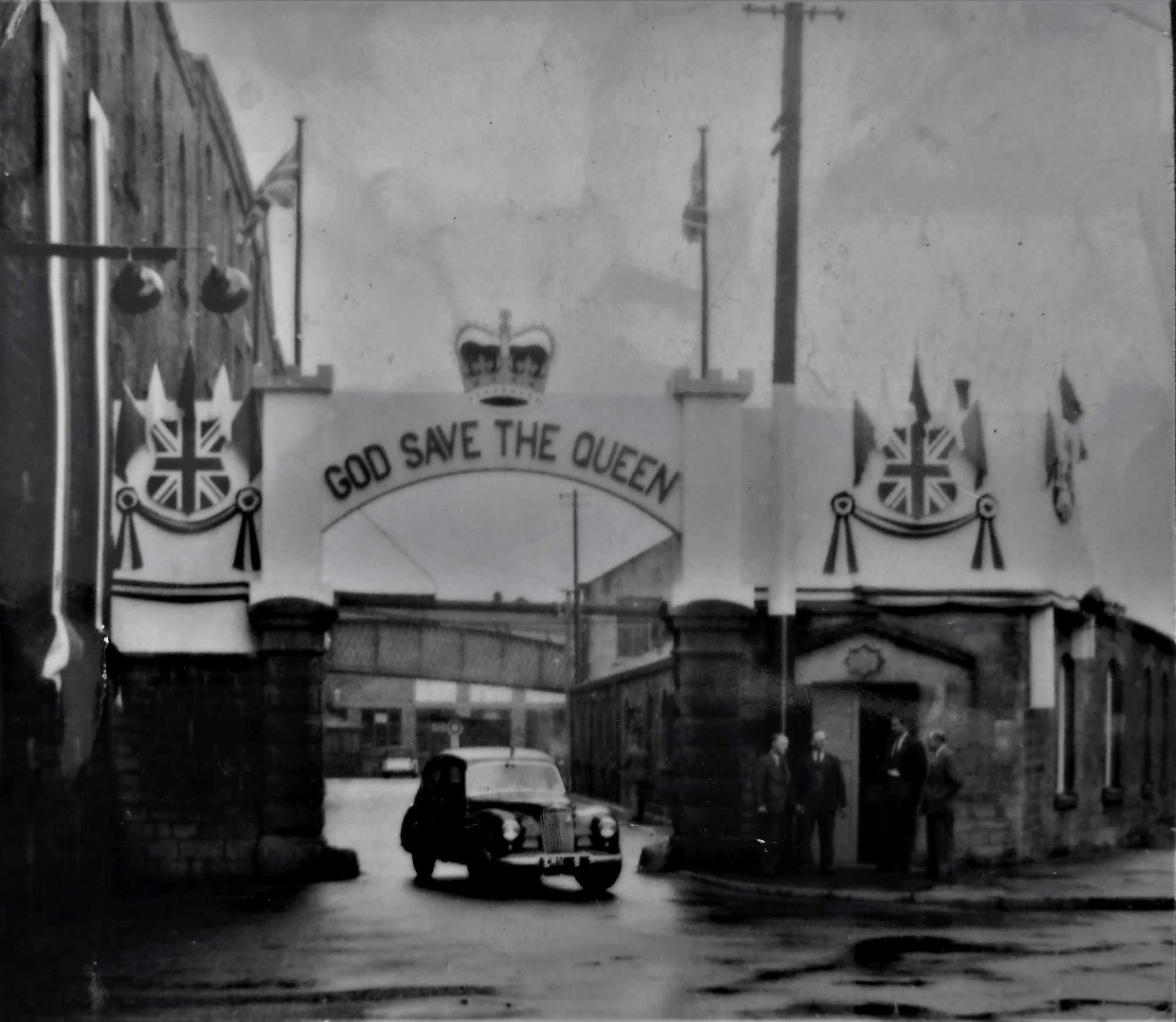 Photograph of the entrance to the CPA works at Dinting for the Coronation 1953