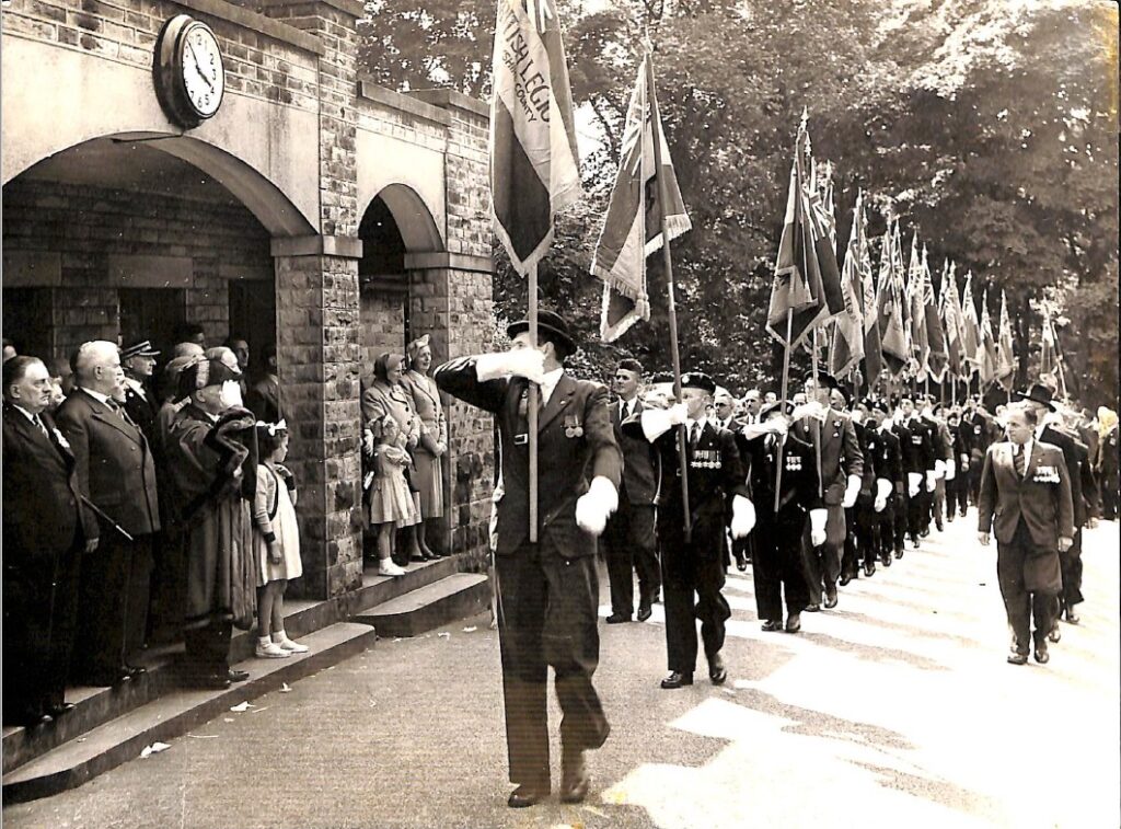 Photograph of Manor Park Pavilion, Glossop and a Drumhead Service, 1953