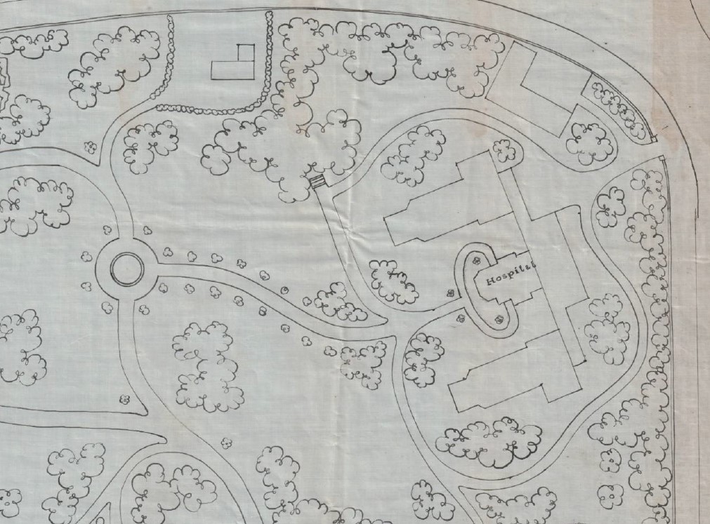 Section of a drawing of a plan of Victoria Park, Glossop showing Wood's Hospital