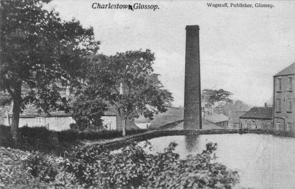 Black and white postcard of mills at Charlestown, Glossop
