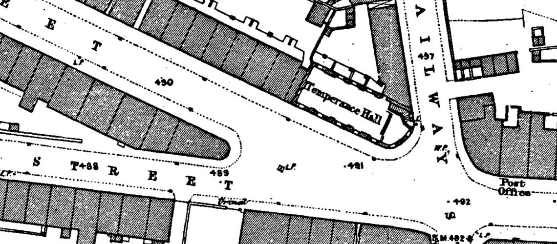 OS map showing the Temperance Hall, Glossop